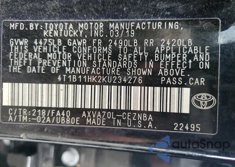 2019 Toyota Camry L z USA, uszkodzony, nr VIN 4T1B11HK2KU234276
